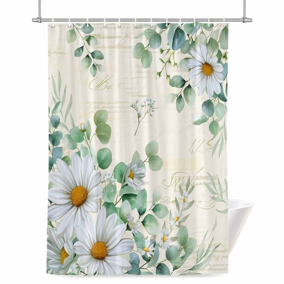 Daisy Eucalyptus Leaves Shower Curtain, Floral Spring Vintage Countryside Waterproof Shower Curtain Set with 12 Hooks Lightweight Bath Curtains Fabric Bathroom Decor 36x72 Inches