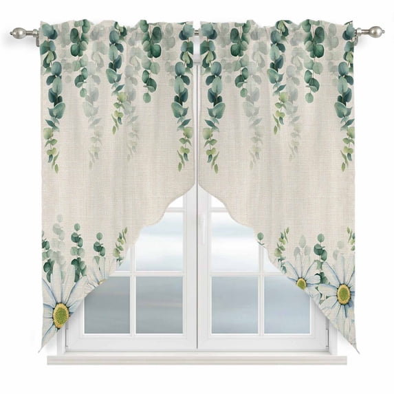 Daisy Eucalyptus Leaves Swag Valances for Windows, Kitchen Window Curtains Over Sink, Rustic Weeping Botanical Linen Window Treatment Curtains for Living Room/Bedroom Curtains 2 Panel Sets 36"x45"