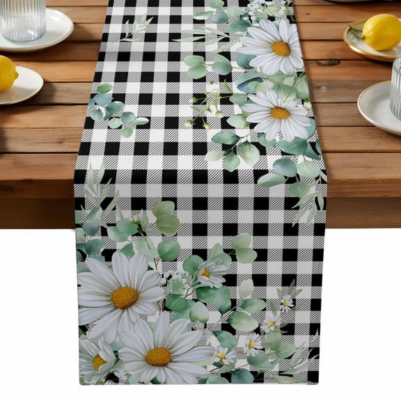 Daisy Eucalyptus Leaves Table Runner, Black Plaid Spring Countryside Washable Kitchen Table Runners Dress Scarves for Dining Table Decorations Party, 13x36in