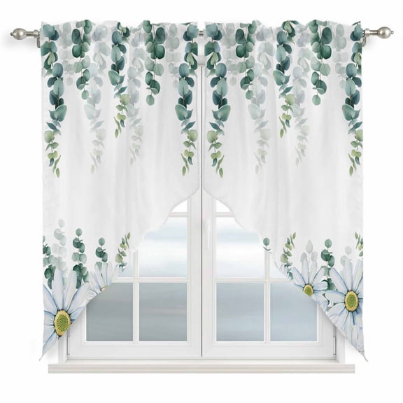 Daisy Eucalyptus Swag Valances for Windows 2 Pack, Kitchen Window Curtains 36 Inch Length, Farmhouse Weeping Botanical Privacy Swag Curtains for Living Room/Bathroom with Rod Pocket 36"x36"