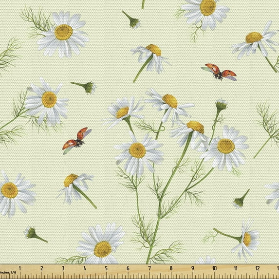 Ambesonne Daisy Fabric by the Yard Upholstery, Realistic Garden Ladybugs, 2 Yards, Multicolor