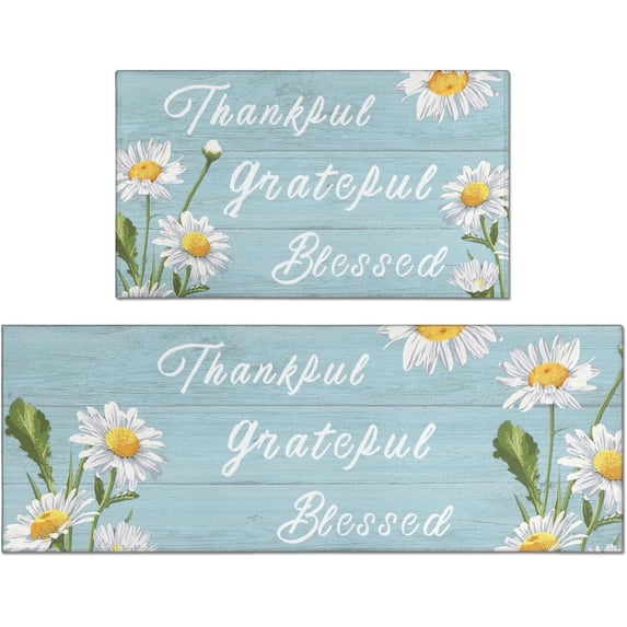 Daisy Farmhouse Kitchen Rugs Set 2 Piece Colorful Summer Flowers Decor Rug for Kitchen Low-Profile Floor Mats Decor for Home Kitchen 17x30 and 17x47 Inch