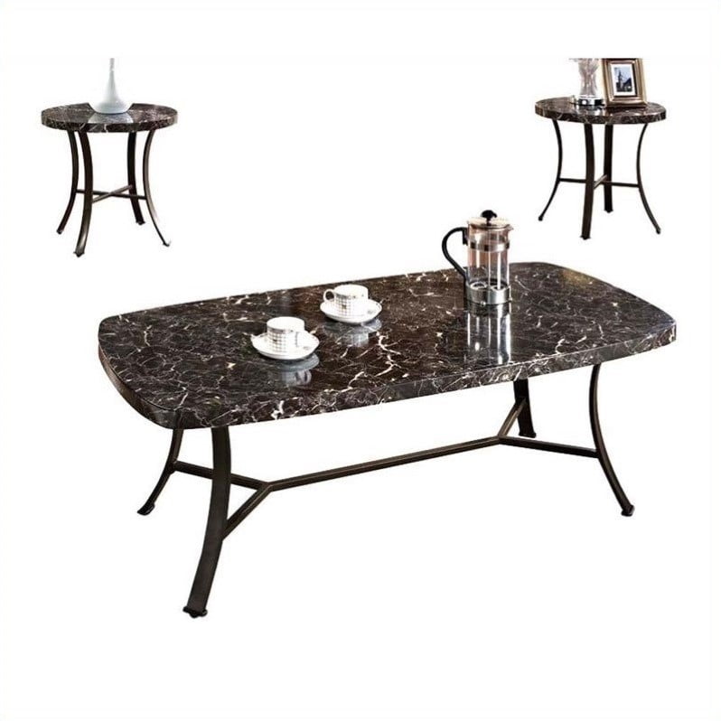 Daisy Faux Marble 3Piece Coffee and End Table Set, Black