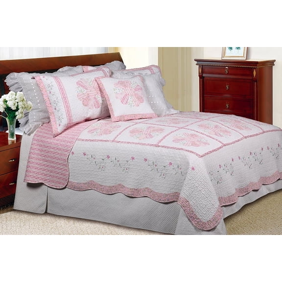 Daisy Field 100% Cotton 3PC Floral Vermicelli-Quilted Embroidered Patchwork Quilt Set (Full/Queen Size)