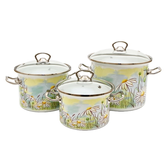 Daisy Fields Cylindrical Enamel pot set with Glass Lid Set of 3 with Stainless Steel Handle  3 (2L, 3L, 5.5L)