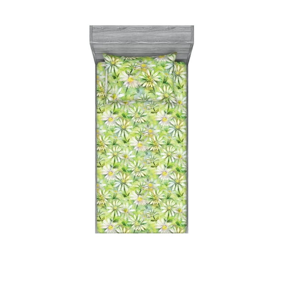 Daisy Fitted Sheet & Pillow Sham Set, Watercolor Design Pattern of Chamomile Flowers Meadow Hill Floral Ornament, Decorative Printed 2 Piece Bedding Decor, Twin, Pastel Green Yellow, by Ambesonne