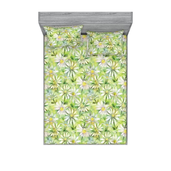 Daisy Fitted Sheet & Pillow Sham Set, Watercolor Design Pattern of Chamomile Flowers Meadow Hill Floral Ornament, Decorative Printed 3 Piece Bedding Decor, Full, Pastel Green Yellow, by Ambesonne