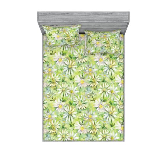 Daisy Fitted Sheet & Pillow Sham Set, Watercolor Design Pattern of Chamomile Flowers Meadow Hill Floral Ornament, Decorative Printed 3 Piece Bedding Decor, King, Pastel Green Yellow, by Ambesonne