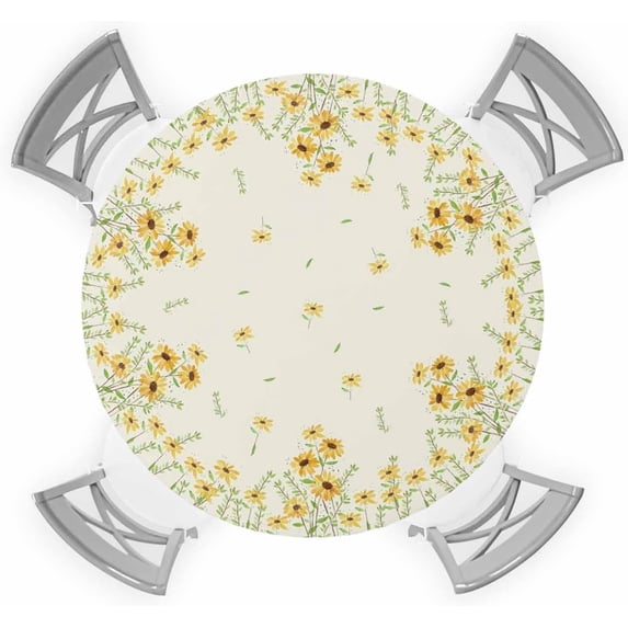 Daisy Fitted Tablecloth for Round Table,Yellow Flowers Green Leaf Kitchen Circle Table Covers with Elastic Edge Waterproof Cloth,Spring Blossom Cover Indoor Outdoor Party 45-52in