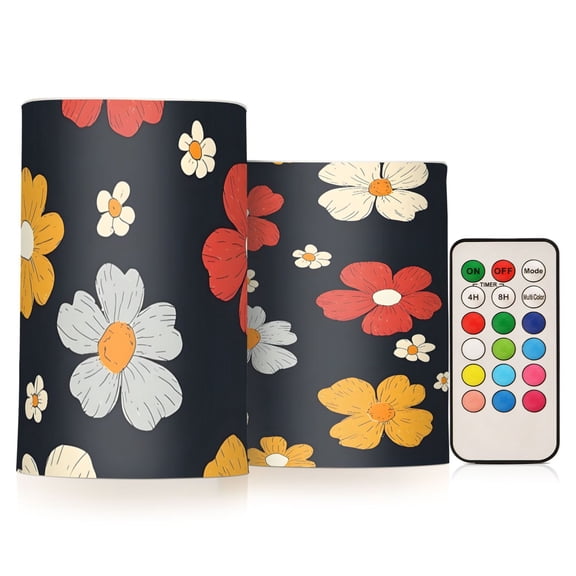 Daisy Flickering Flameless Candles Battery Operated with Remote Timer LED Pillar Candles Set of 2