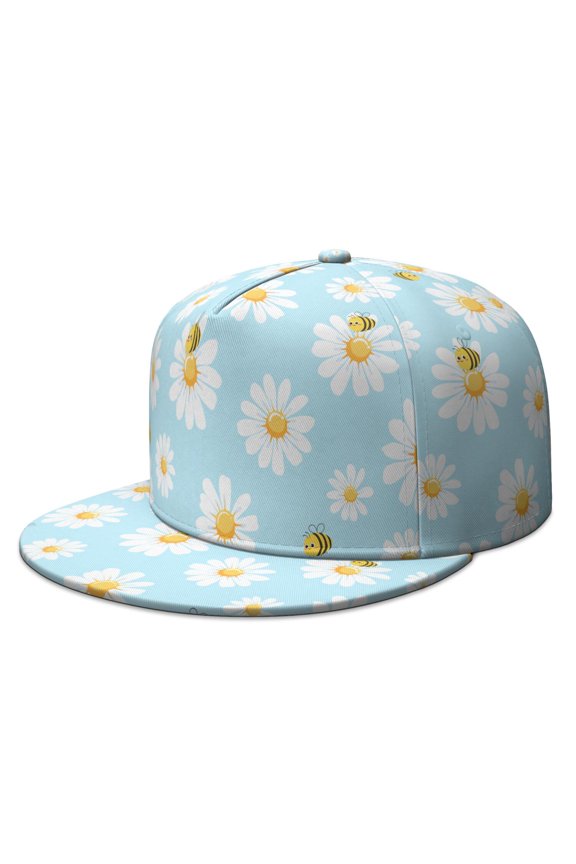 Daisy & Floral Baseball Cap - Retro White Flower Flat Brim Hat - Unisex Adjustable Snapback for Fashion Lovers
