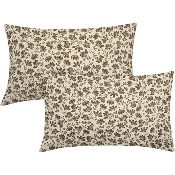 Daisy Floral Block Print Lumbar Pillow Covers 12X20 Inch Brown Beige Flowers Decorative Pillow Cases Set of 2 Farmhouse Home Decor Vintage Rustic Cute Throw Pillows for Sofa Couch Outdoor