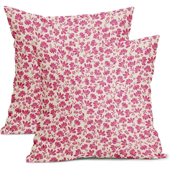Daisy Floral Block Print Pillow Covers 16X16 Inch Hot Pink Beige Flowers Decorative Square Pillow Cases Set of 2 Farmhouse Home Decor Vintage Rustic Cute Throw Pillows for Sofa Couch Outdoor