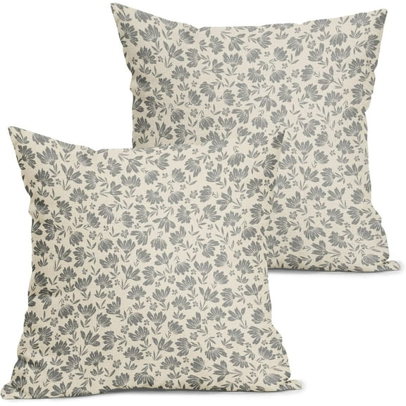 Daisy Floral Block Print Pillow Covers 18X18 Inch Gray Grey Beige Flowers Decorative Square Pillow Cases Set of 2 Farmhouse Home Decor Vintage Rustic Cute Throw Pillows for Sofa Couch Outdoor