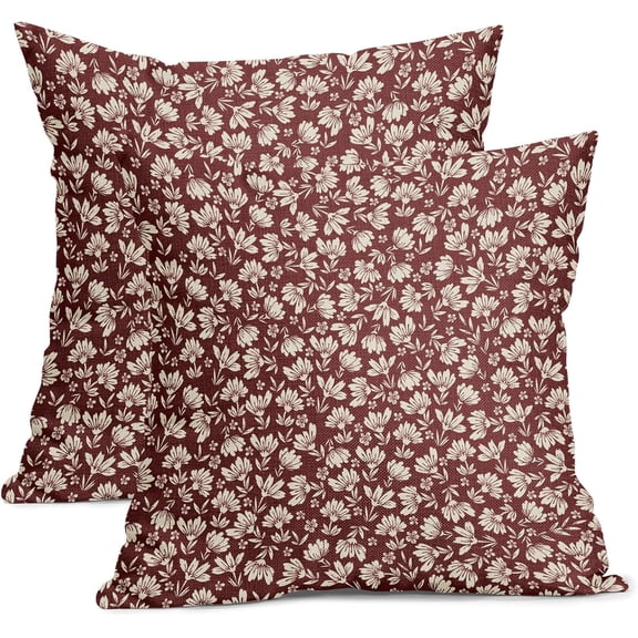 Daisy Floral Block Print Pillow Covers 18X18 Inch Red Beige Flowers Decorative Square Pillow Cases Set of 2 Farmhouse Home Decor Vintage Rustic Cute Throw Pillows for Sofa Couch Outdoor