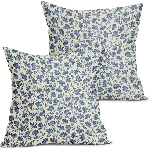 Daisy Floral Block Print Pillow Covers 20X20 Inch Light Blue Beige Flowers Decorative Square Pillow Cases Set of 2 Farmhouse Home Decor Vintage Rustic Cute Throw Pillows for Sofa Couch Outdoor