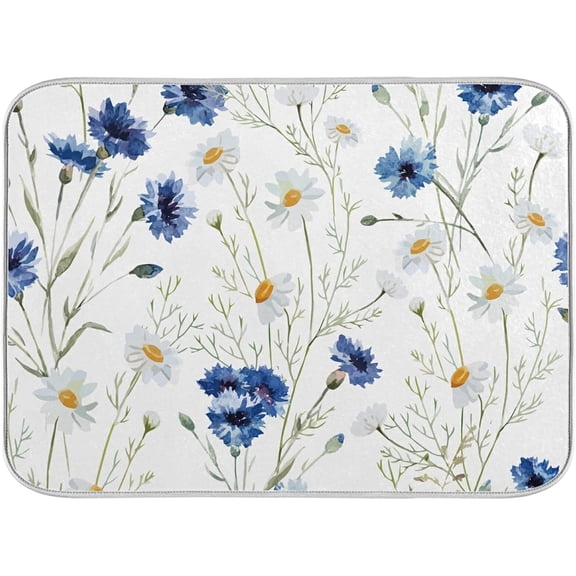 Daisy Floral Blue Dish Drying Mat for Kitchen Counter Microfiber Absorbent Dish Drainer Mat Small Kitchen Drying Rack Mat Heat Resistant Drying Pad for Counter 16 x 18