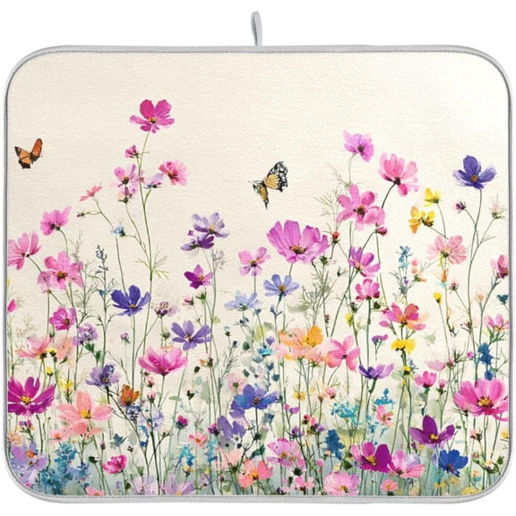 Daisy Floral Blue Dish Drying Mat for Kitchen Counter Microfiber Absorbent Dish Drainer Mat Small Kitchen Drying Rack Mat Heat Resistant Drying Pad for Counter 16 x 18