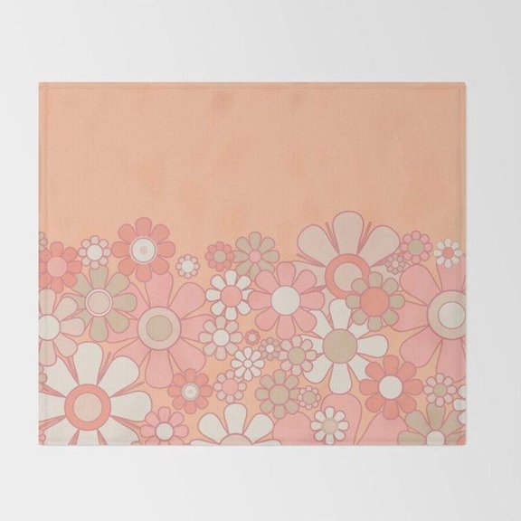 Daisy Floral Border in Peach, Pink and Cream Fleece Blanket, Polyester Fleece Fabric, 280 GSM, for Couch or Bed