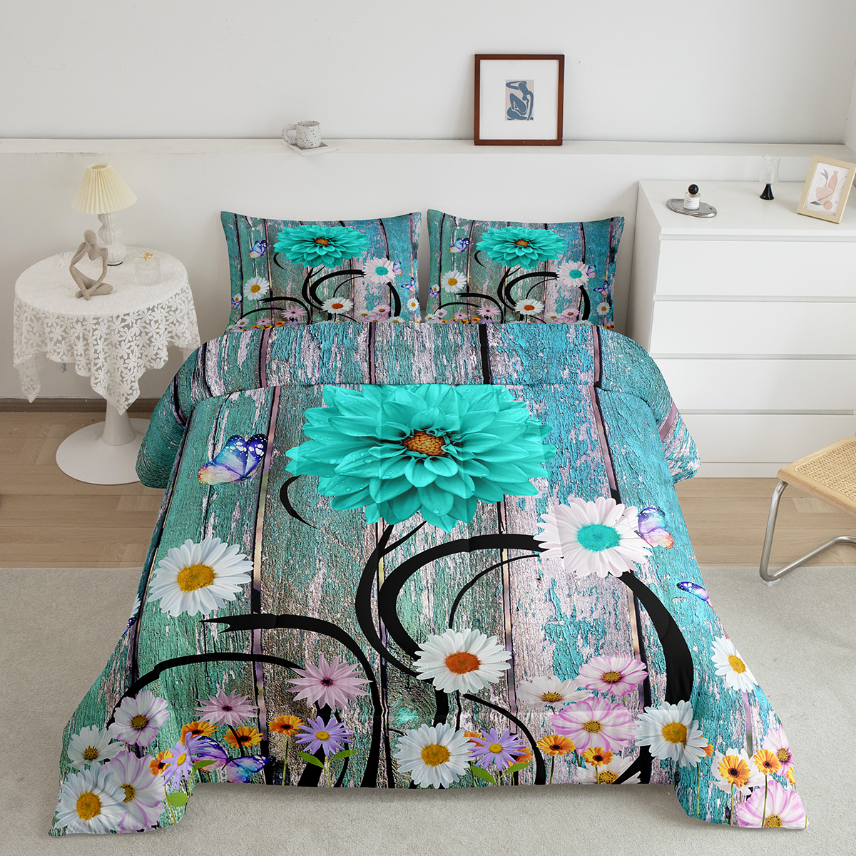 Daisy Floral Comforter Set Queen Butterfly Decor,Teal Retro Wood Planks