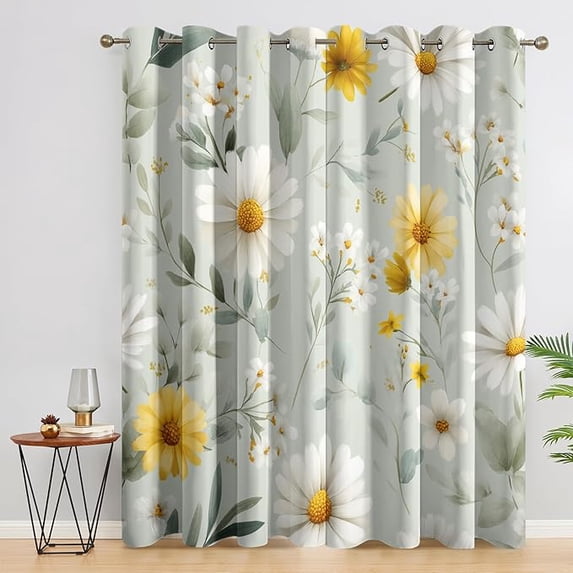 Daisy Floral Curtains for Bedroom Decor, Sage Green White Yellow Flower ...