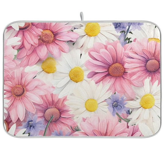Daisy Floral Dish Drying Mat Microfiber Kitchen Pad Large Counter Absorbent Dish Mats Drainer Rack 18"x24"