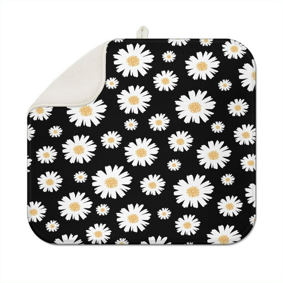 Daisy Floral Dish Drying Mat for Kitchen Counter Microfiber Dish Rack Mat Absorbent Foldable Drying Pad Spring Summer Flowers Drainer Mat 16x18 Inch