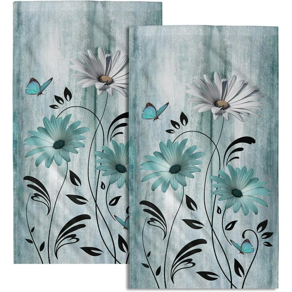 Daisy Floral Hand Towels Teal  Flower Guest Towel Set of 2 Soft Absorbent Fingertip Towels for Bathroom Home Sports Gym Decor