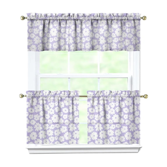 Daisy Floral Kitchen Curtains Set of 3 - Vintage Cute Tier Curtains with Valance, White & Yellow Boho Print, Rod Pocket 54x18 + 27.5x24 Inch for Small Windows