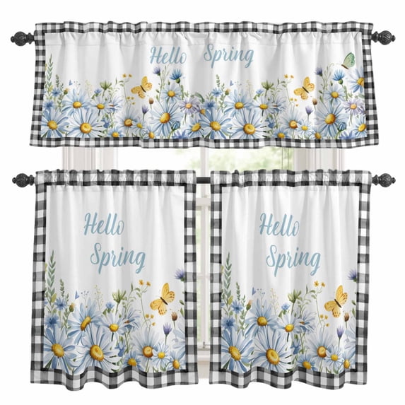 Daisy Floral Kitchen Curtains Sets for Windows 36 Inch Length, Spring Country Flower Butterflies Black Plaid Rod Pocket Window Treatments Tier Curtains and Valances Set for Bedroom/Bathroom