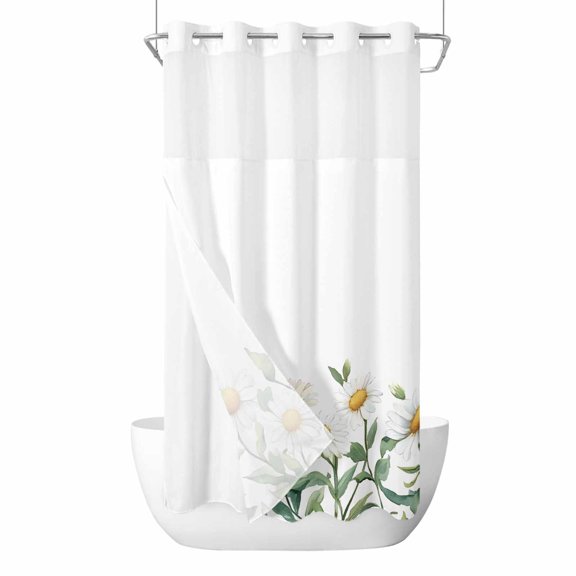 Daisy Floral No Hooks Shower Curtain with Snap-in Liner Spring Flowers Leaf Shower Curtains for Bathroom, Waterproof, Easy Install, Washable 36"x78"