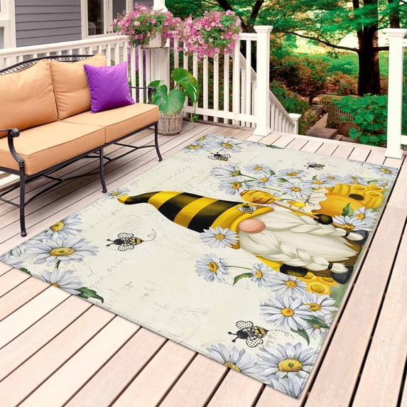 Daisy Floral Outdoor Rug for Patio/Deck/Porch, Non-Slip Large Area Rug 3 x 5 Ft, Vintage Rustic Bee Gnomes Flowers Indoor Outdoor Rugs Washable Area Rugs, Reversible Camping Rug Carpet Runner