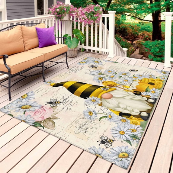 Daisy Floral Outdoor Rug for Patio/Deck/Porch, Non-Slip Large Area Rug 5 x 7 Ft, Retro Watercolor Bee Gnomes Flowers Indoor Outdoor Rugs Washable Area Rugs, Reversible Camping Rug Carpet Runner