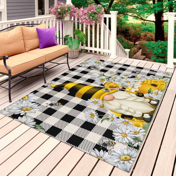 Daisy Floral Outdoor Rug for Patio/Deck/Porch, Non-Slip Large Area Rug 5 x 8 Ft, Bee Gnomes Flowers Black White Plaid Indoor Outdoor Rugs Washable Area Rugs, Reversible Camping Rug Carpet Runner