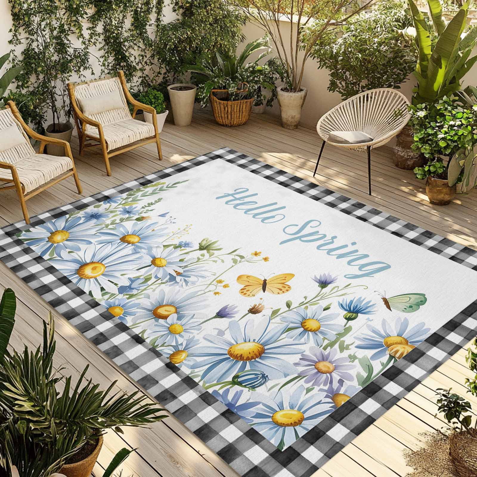 Naturestep Rug Butterfly Daisy Floral Outdoor Rug for Patio/Deck/Porch, Non-Slip Large Area Rug ...