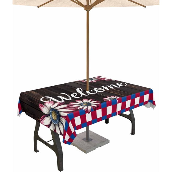 Daisy Floral Outdoor Tablecloth with Umbrella Hole Rectangle, Vintage Wood Grain Red Blue Plaid Waterproof Table Cloth Washable Wipeable Cover Spill Proof for Patio Spring Summer Picnic BBQ 60"x84"