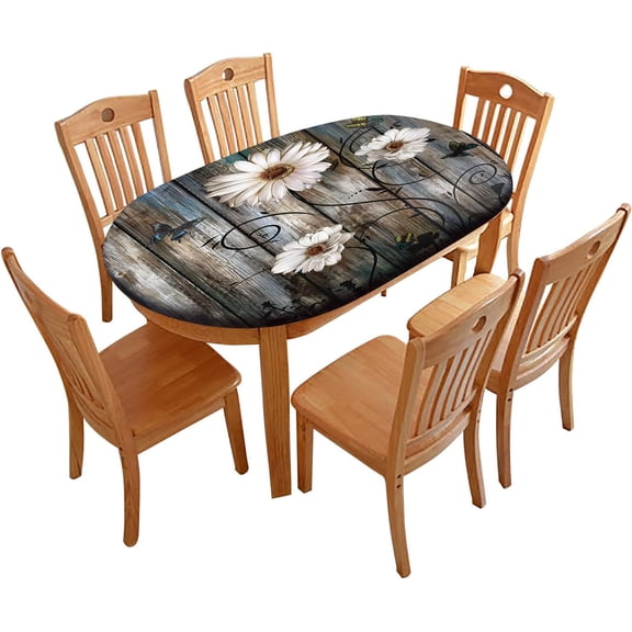 Daisy Floral Oval Fitted Tablecloths, Butterfly Daisy Flowers Elastic Edged Stretch Table Cover, Fits to 52" X 70" Tables, Polyester Table Cloths for Indoor Family Banquet and Outdoor Patio Use, Grey