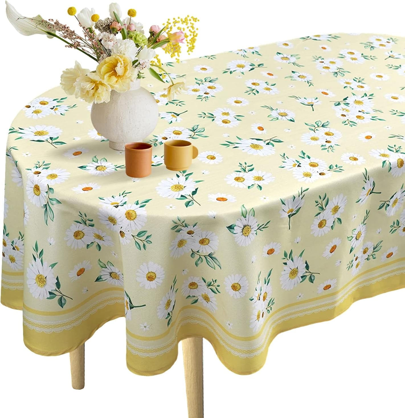 Daisy Floral Oval Tablecloth 60 x 84, Yellow White Floral Spring Tablecloth Table Cover, Elegant Country Table Cloths for Parties, Kitchen Dining Table,Polyester Fabric Flower Tablecloth, Daisy Decor