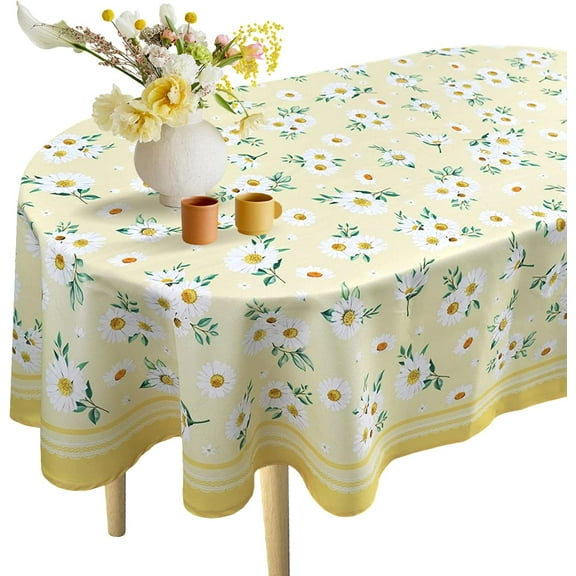 Daisy Floral Oval Tablecloth 60 x 84, Yellow White Floral Spring Tablecloth Table Cover, Elegant Country Table Cloths for Parties, Kitchen Dining Table,Polyester Fabric Flower Tablecloth, Daisy Decor