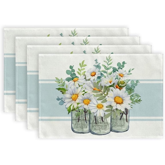 Daisy Floral PlaceMats Set of 4, 12x18 Inch Spring Summer Green Eucalyptus Leaves Vase Farmhouse Washable Heat Resistant Table Mats for Home Kitchen Dining Party Decor