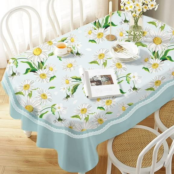 Daisy Floral Print Oval Tablecloth 54x72 Inch, White Blue Floral Tablecloth, Waterproof Wrinkle Resistant Durable Oval Tablecloth for Kitchen Decor/Indoor and Outdoor Tables/Parties/Picnics