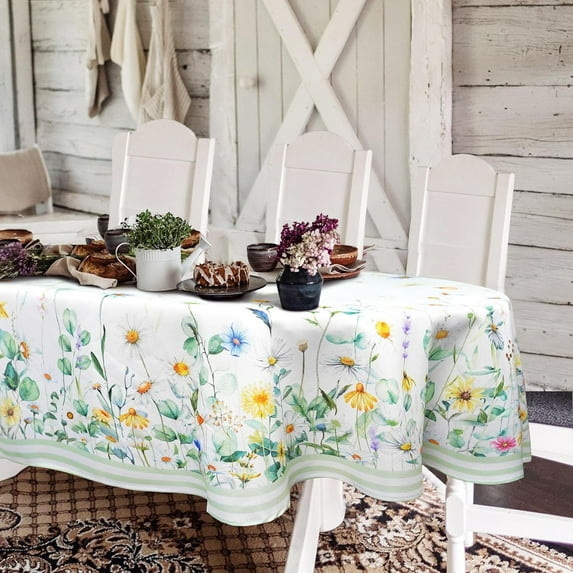 Daisy Floral Sage Green Oval Tablecloth 60x84 inches，Sage Floral Tablecloth, Waterproof Wrinkle Resistant Durable Oval Tablecloth for Kitchen Decoration/Indoor and Outdoor Tables/Parties