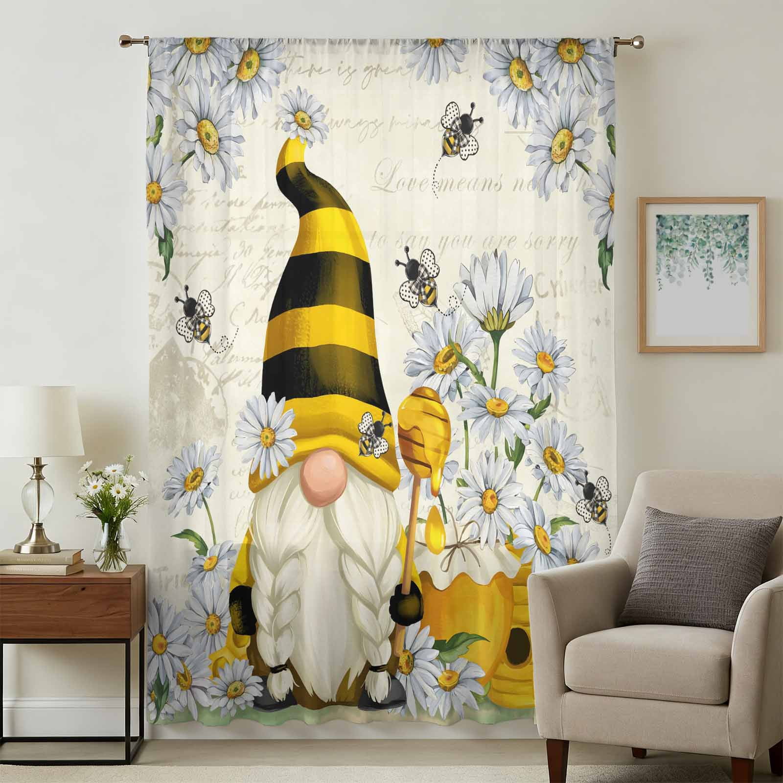 Daisy Floral Sheer Curtains 96 Inches Long, Vintage Rustic Bee Gnomes ...