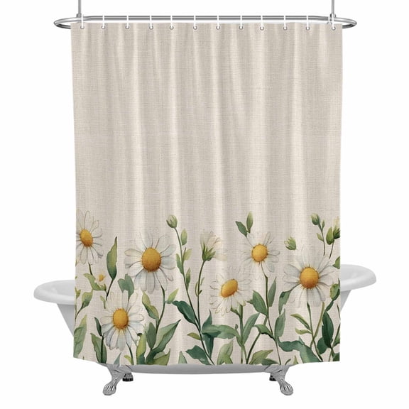 Daisy Floral Shower Curtain for Bathroom, Spring Flowers Leaf Waterproof Cloth Fabric Bathroom Accessories Set with 12 Rust Proof Plastic Hooks, 66"x72"