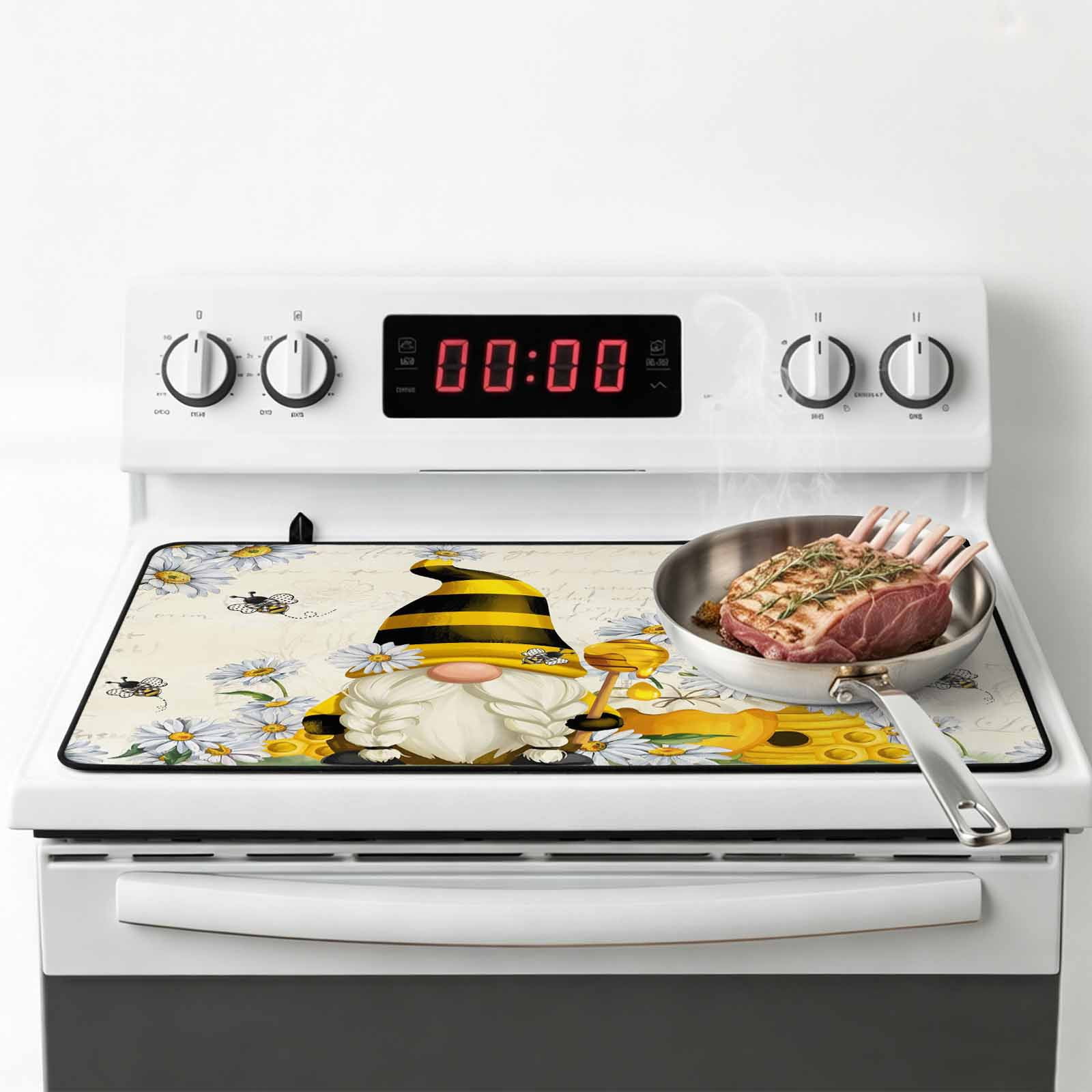 Daisy Floral Stove Top Cover for Electric Stove, Heat-proof & Non Slip Glass Top Stove Cover Protector, Vintage Rustic Bee Gnomes Flowers Kitchen Flat Cooktop Rubber Mat 24x21 Inches