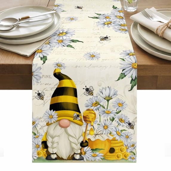 Daisy Floral Table Runner - 36 Inch Long, Kitchen Dining Table Runner Dresser Scarves, Vintage Rustic Bee Gnomes Flowers Farmhouse Decor for Coffee Tables Wedding Party Banquet