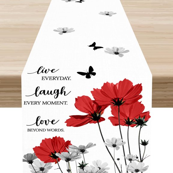 Daisy Floral Table Runner, Rustic Red Flower Seasonal Spring Boho Butterfly Retro Coffee Table Center Decor for Family Kitchen and Living Room Outdoor Farmhouse Country Table Decorations, 13"x90"