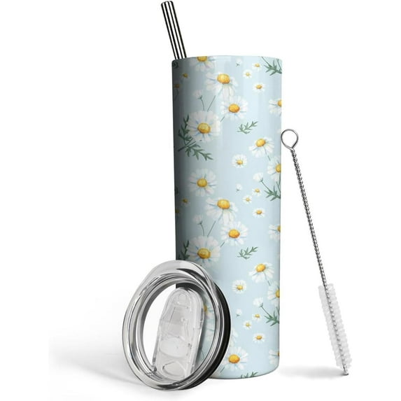 Daisy Floral Tumbler With Lid and Straw Stainless Steel 20oz Daisy Skinny Tumbler Insulated Daisy Water Bottle Cups Coffee Tumbler Travel Mug Gifts for Women