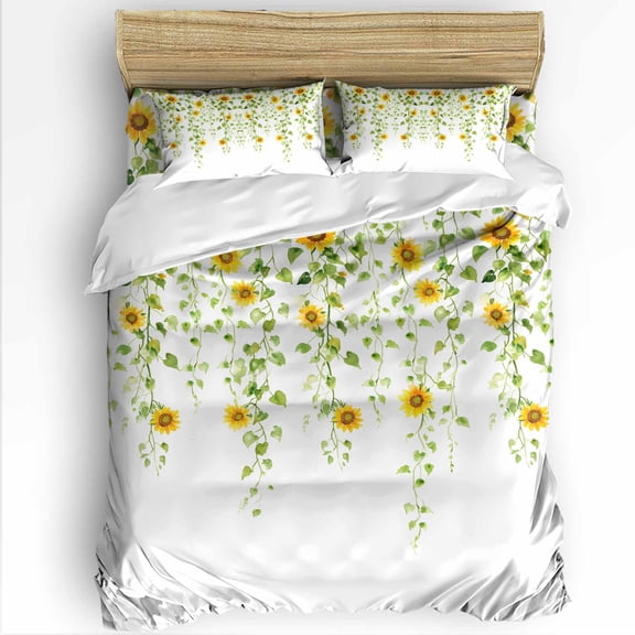 Daisy Floral Twin Size Comforter Set, Weeping Flower Watercolor Leaf Plant Soft Bedding for All Seasons, 4 Pcs Bed Set with 1 Comforter (68"x86") ,1Sheet(66"x116"), 2 Pillowcases (19"x29")