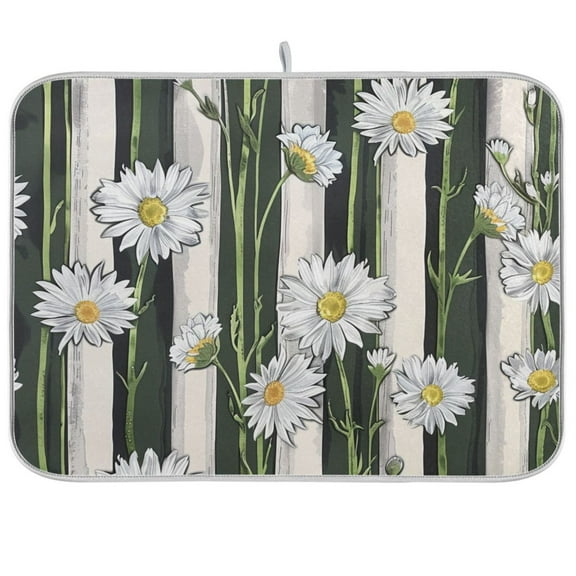 Daisy Floral on Stripe Dish Drying Mats Kitchen Mat Microfiber Counter Absorbent Dish Pad Drainer Rack 18"x24"